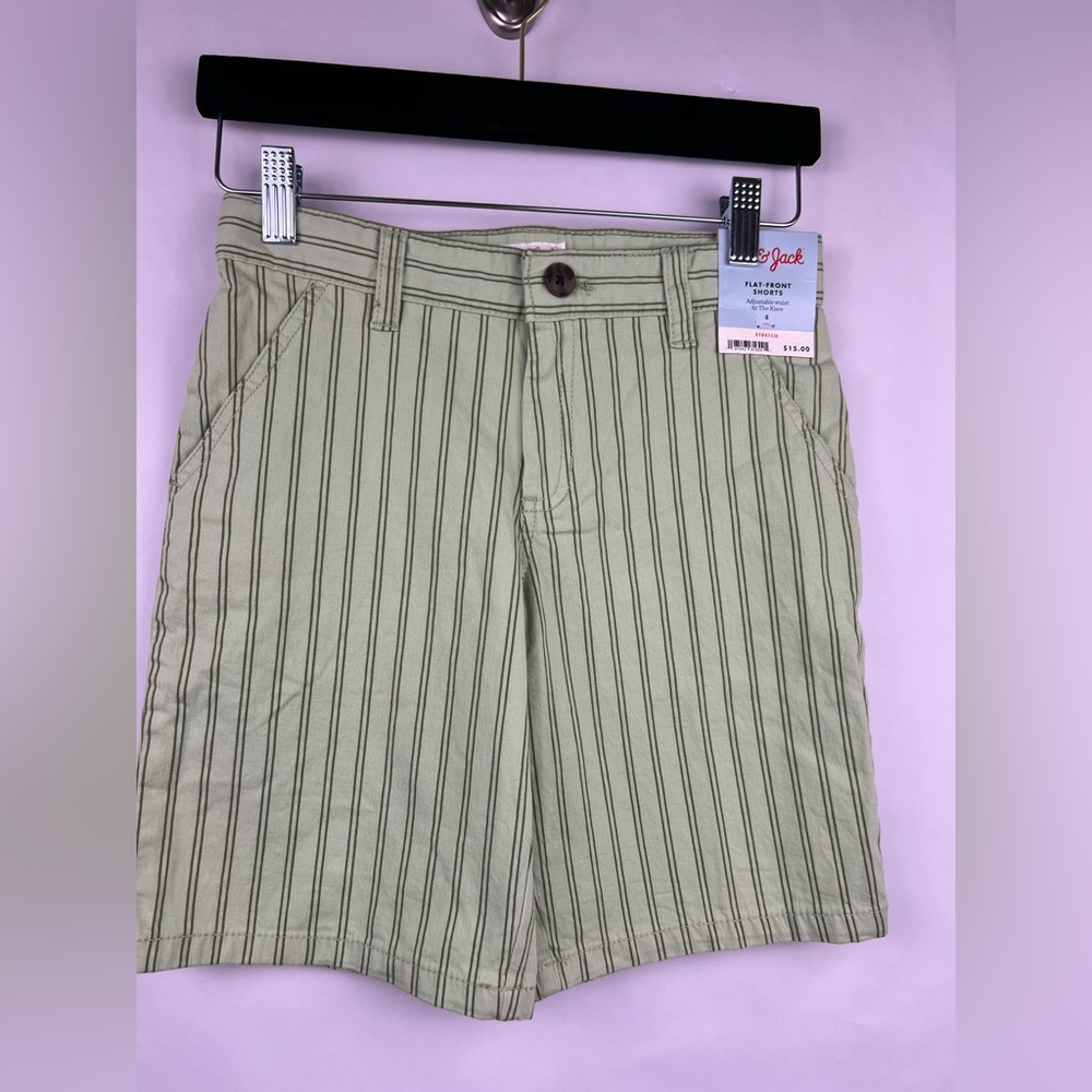 Cat & Jack, Flat-Front Shorts, Green Stripe, Cotton Stretch, Adjustable Waist - Picture 2 of 9